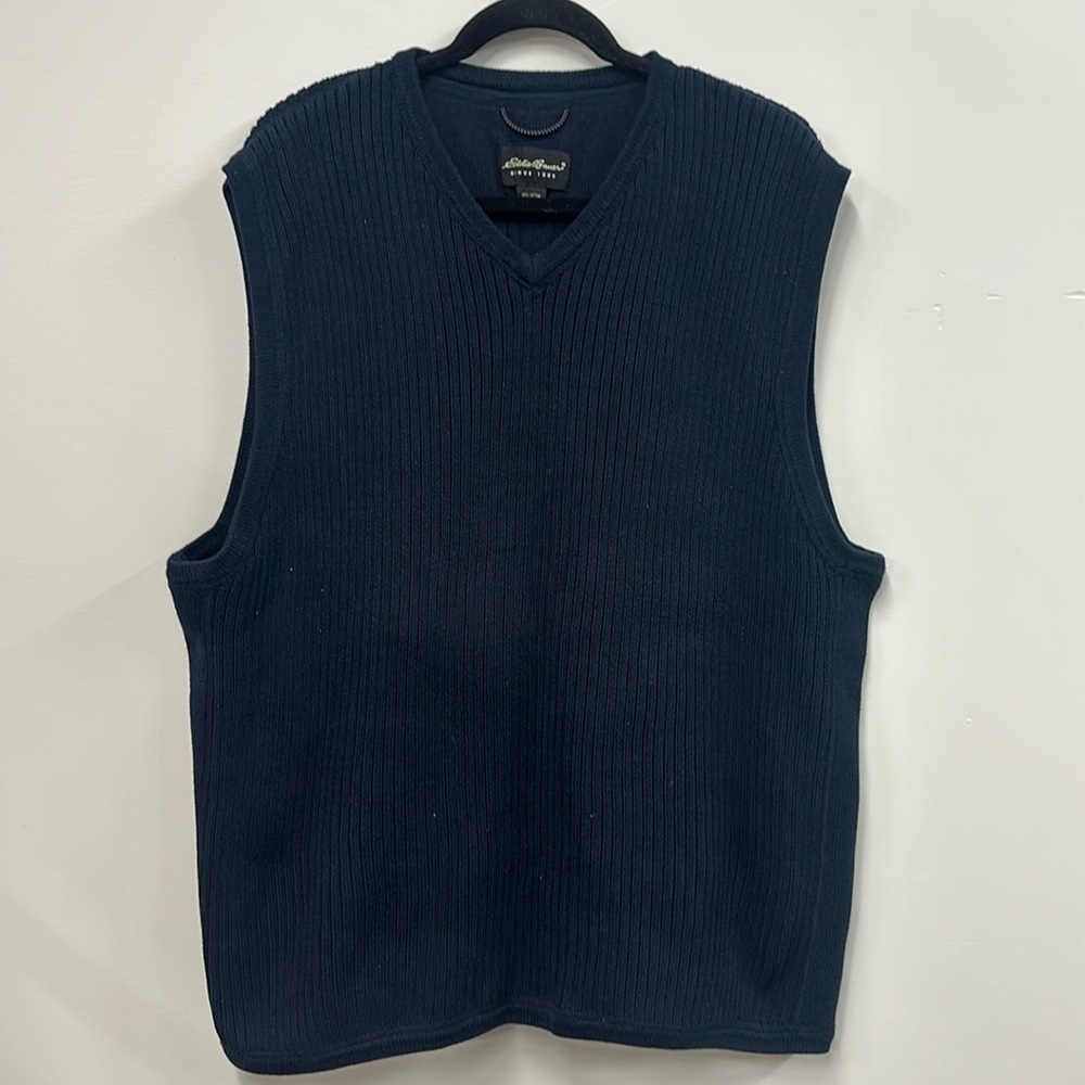 Vintage Eddie Bauer Navy Ribbed Knit V-Neck Sweater Vest XL tall cotton